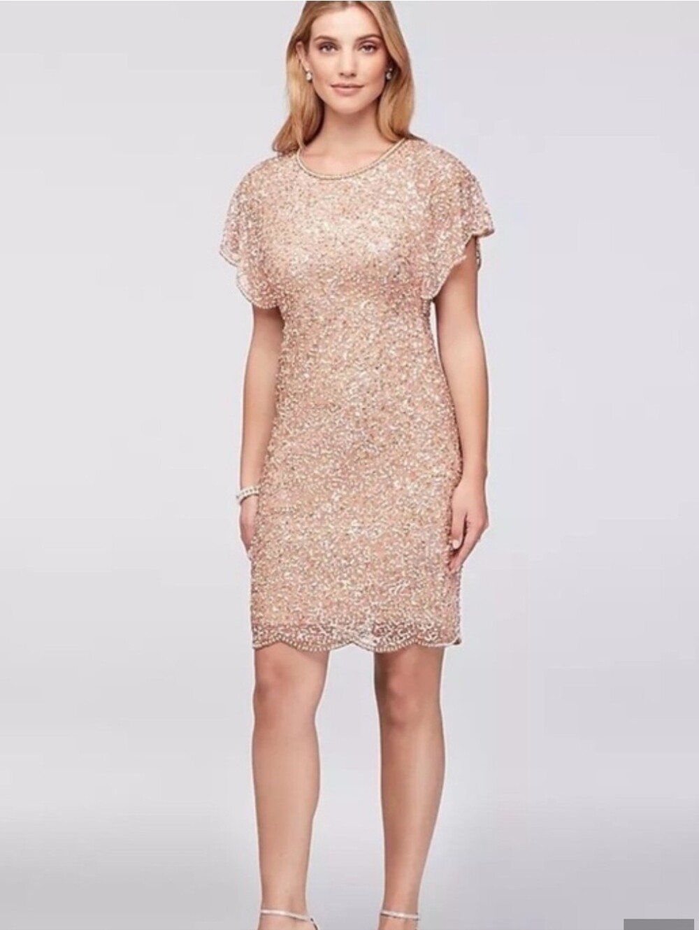 Adrianna Papell Rose Champagne Sequin And Pearl Trim Cocktail Dress Size 16